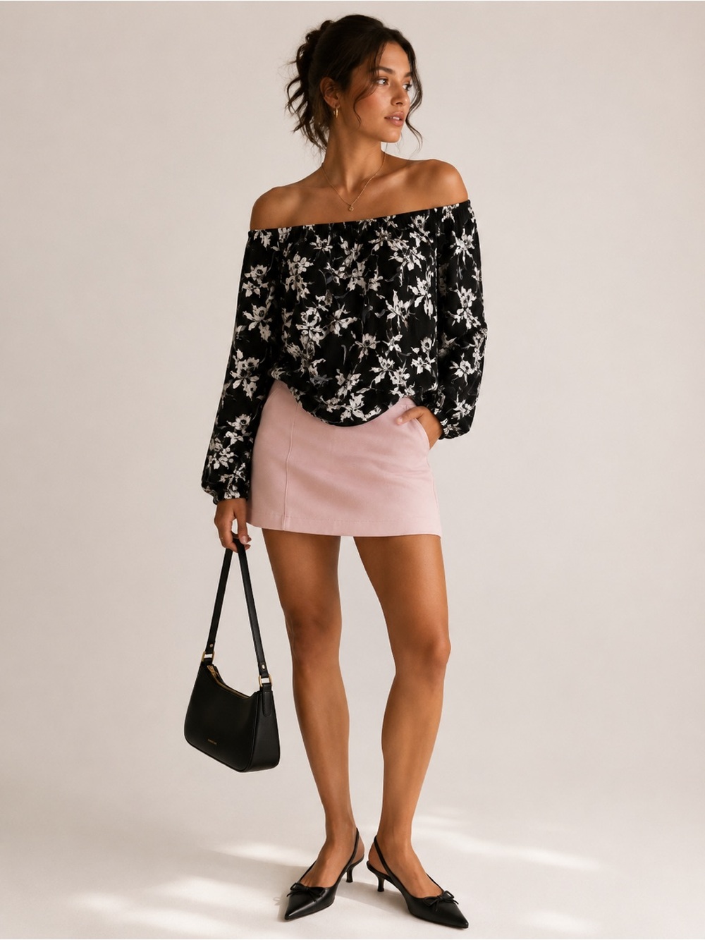 Black Tape Floral Off Shoulder Boho Peasant Blouse Cottagecore Romantic Top S